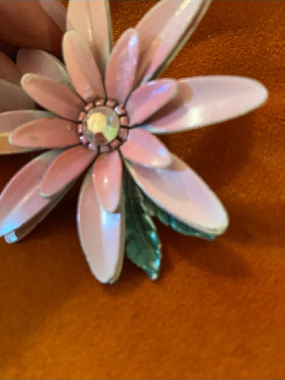 Vintage Pink Flower Petal Brooch with Green Leaf and Rhinestone Center